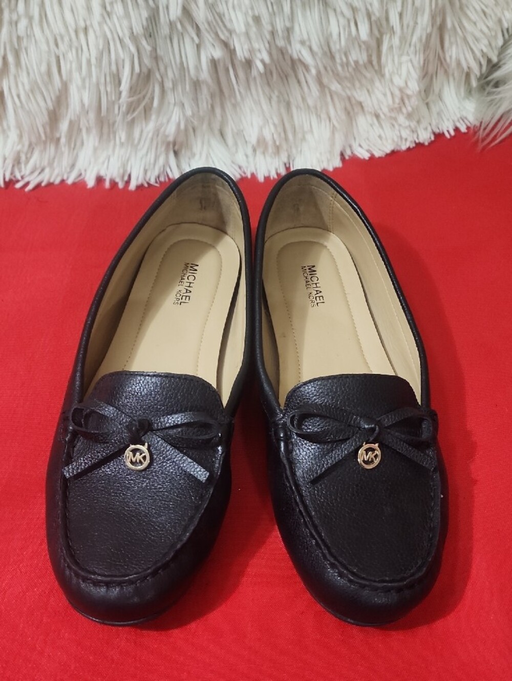 Michael Kors Black Leather Bow Moccasins with Gold MK Charm